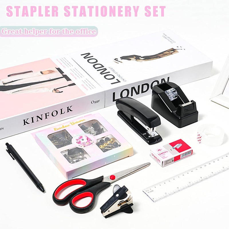 COMFYROOM Black Desk Accessories with Pen Holder, Office Supplies Desk Organizers and Accessories, Tape Dispenser, Stapler, Staple Remover, Staples, Clips Set, Ruler, Scissor, Pen, Tape (Black) - Image 2